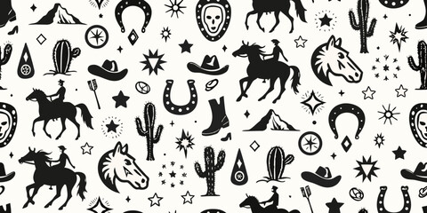 Black and white western pattern with cowboys horses cacti horseshoes and skulls on a white background