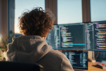 Young Male IT Worker in Pajamas Sitting at Messy Desk with Laptop and Monitor