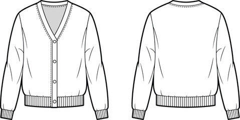 Fashion cardigan front and back view, buttoned sweater sketch, ribbed cuffs and hem, technical vector illustration, clothing flat template