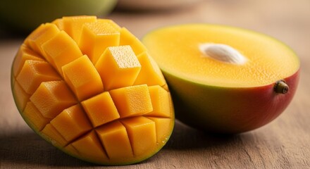 Juicy mango cut open, ready to eat for a healthy and delicious snack today