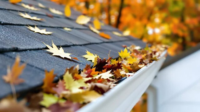 Vibrant fall leaves settle on the roof surface and clog the metal rain gutter of the house