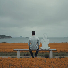 Couple Sitting on Bench Overlooking the Water Together in Solitude