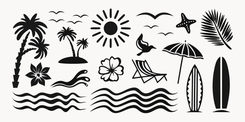 Obraz premium Collection of black silhouette summer beach vacation icons including palm trees sun waves flowers and surfboards