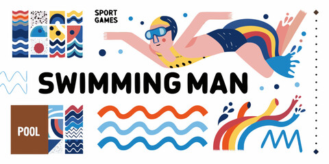 Man swimming in pool with abstract shapes and waves celebrating sport games