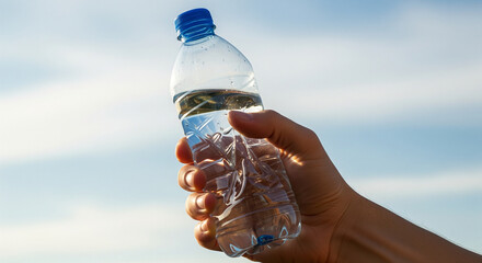 Close-up of a Hand Firmly Crushing a Plastic Water Bottle on White Background — Perfect for Environmental Awareness, Plastic Waste Reduction, Recycling Campaigns, or Sustainable Living Concept