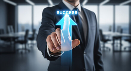 Businessman pointing to a glowing arrow indicating success and growth.