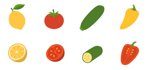 Flat Vegetable Vector Set &ndash; Tomato, Lemon, Zucchini, Bell Pepper

