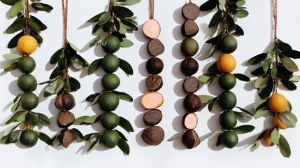 Colorful fruit garlands adorned with fresh leaves create a vibrant display of nature's bounty in an artistic arrangement perfect for decoration in springtime festivities