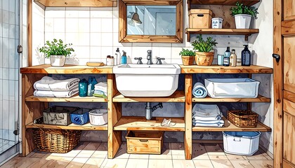 Fototapeta premium Sunny, rustic bathroom with wooden shelves, plants, and a white sink