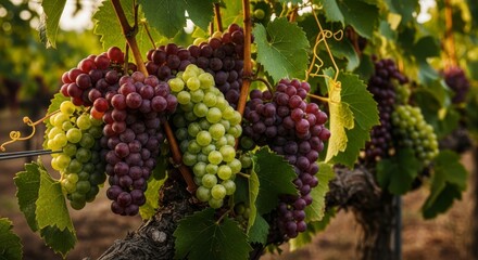 Luscious ripe grapes hang heavy on vines in vineyard ready for harvest season