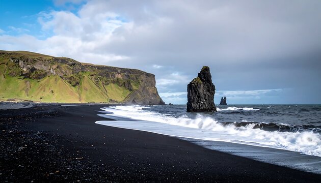 Dramatic black sand beach meets dark basalt stacks, waves crashing