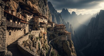 Monastery Complex Built into Cliffside Dramatic lighting Stone architecture Meteora Greece Spiritual refuge