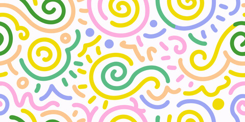 Whimsical and playful abstract pattern with colorful swirls and organic shapes on a white background