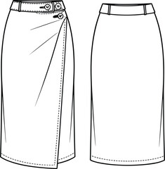 Flat cad vector sketch of wrap pencil skirt with buttons, front and back view, fashion design template, technical clothing illustration
