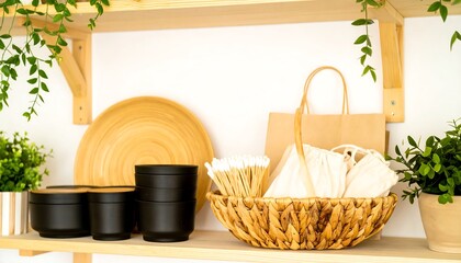 Wooden shelves with various natural items