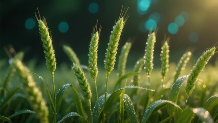 Sunlit Wheat Field with Dew Drops