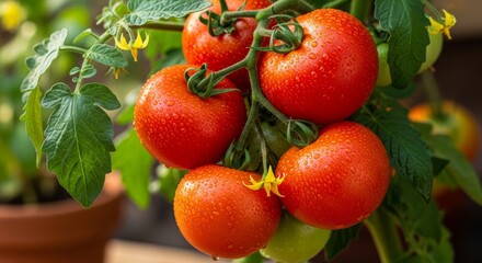 Ripe red tomatoes on the vine, ready for harvest, bursting with fresh garden flavor