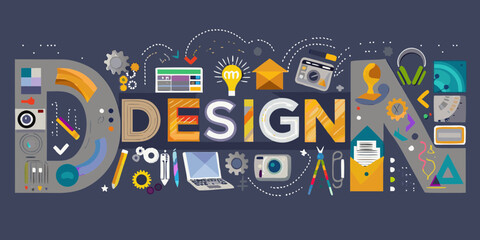 Fototapeta premium Creative design process elements and tools forming the word design concept illustration