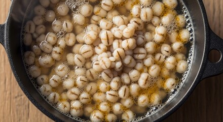 Simmering pot of nutritious cooked barley, healthy eating lifestyle concept
