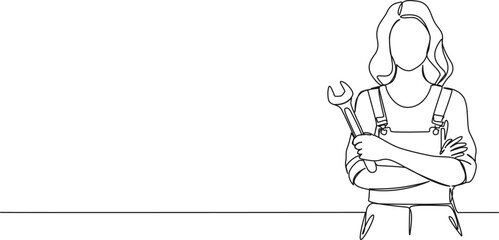 continuous single line drawing of female mechanic or construction worker holding large wrench, line art vector illustration