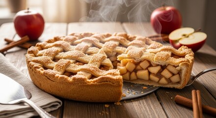 Warm apple pie with lattice crust, perfect for Thanksgiving or holiday baking season