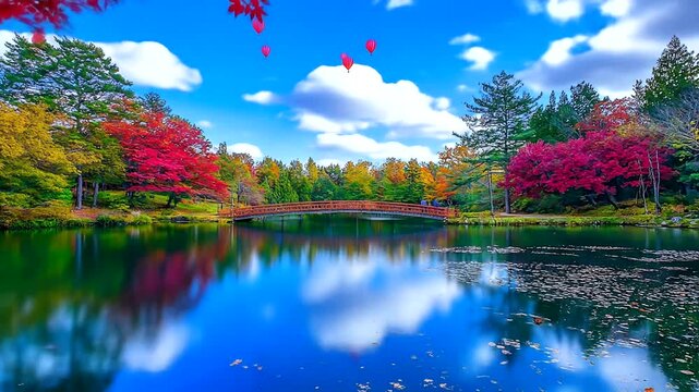 A serene autumn scene with a calm lake reflecting colorful trees and a charming bridge, punctuated by floating red balloons.