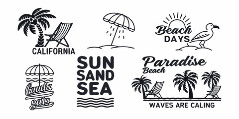Collection of black and white beach themed illustrations and typography for summer vacation © Dibyendu