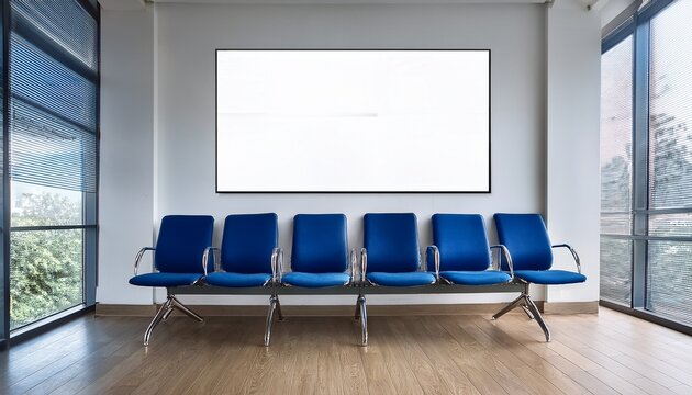 waiting room with blue chairs and large poster
