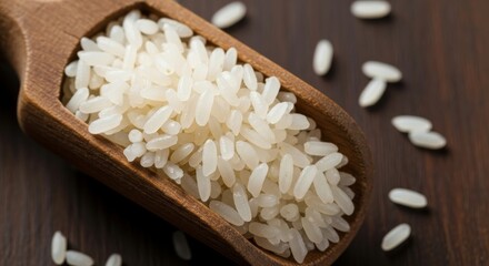 Aromatic rice grains in a wooden scoop, perfect for healthy cooking and nutrition