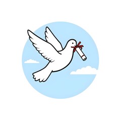 White dove carrying diploma with red ribbon through blue sky with clouds, symbol of achievement