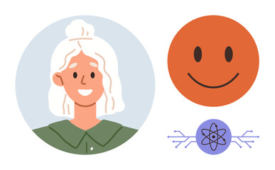 Smiling woman in green top next to an orange happy face and atom diagram for science and happiness. Ideal for education, positivity, emotions, technology, learning, optimism, simple flat metaphor