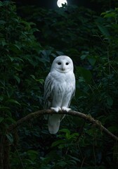 White owl perched on branch under moonlit sky bird