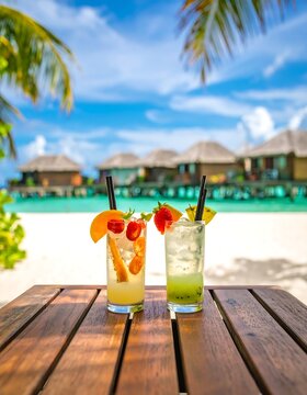 Tropical drinks on beach table