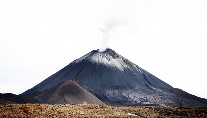 examines stark juxtaposition of a lone volcano against a blank white backdrop symbolizing powerful essence of nature amidst nothingness