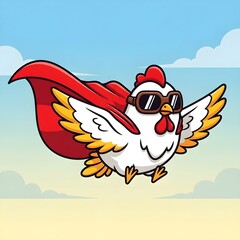 Super chicken hero with red cape and goggles flying confidently through blue sky with clouds