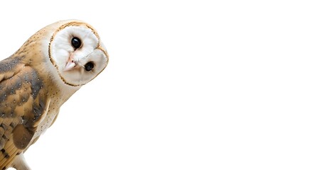 Obraz premium Close up of a barn owl looking to the side against a white background