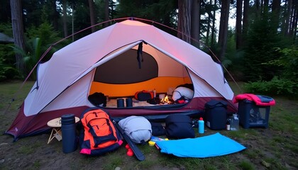 Cozy campsite prepared for adventure with gear and open tent in forest