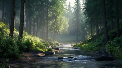 Beautiful forest river landscape scenery nature trees stream green woods tranquil peaceful outdoors scenic