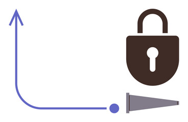 Locked padlock, curved arrow pointing upward, and a funnel symbolize security, decision-making, and orderly progress. Ideal for data protection, business strategy, cybersecurity, success focus