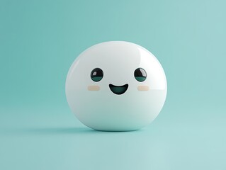 Adorable minimalist white 3D sphere with a cute flat style expression on a soft blue background