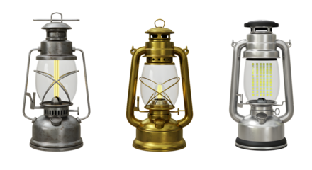 Three toolboxes: vintage metal, yellow plastic, and black plastic on transparent background