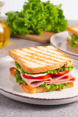 Close-up of two sandwiches with bacon, salami, prosciutto and fresh vegetables on rustic wooden cutting board. Club sandwich concept