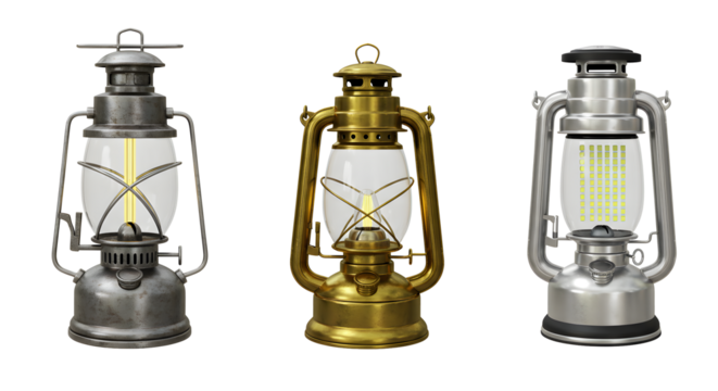 Three toolboxes: vintage metal, yellow plastic, and black plastic on transparent background