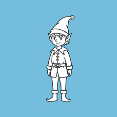 A charming line art illustration depicts a friendly standing elf character wearing traditional festive attire, perfect for holiday-themed designs and children's projects.
