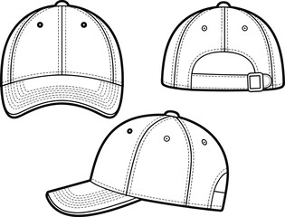 Flat vector CAD illustration of baseball cap with buckle closure, front, back, and side views for fashion design mockup