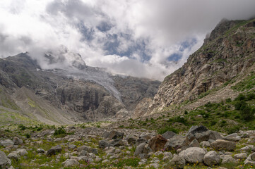 View of the glacier at the top of the mountain, covered with clouds. Melting glacial water flows down from the top of the mountain, forming waterfalls. Flowers in the highlands near the glacier.