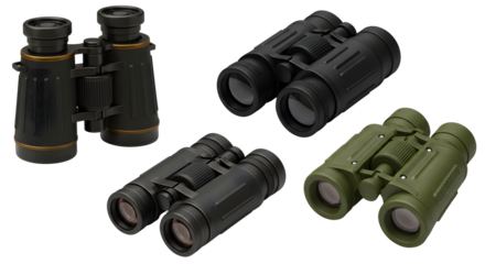 Multiple binoculars in black and green on a black background on transparent background