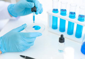 Fototapeta premium Scientist Handling Blue Liquid with Pipette and Test Tubes in Laboratory Experiment Process
