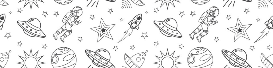 Seamless outer space pattern with astronaut, UFO, rocket, planet, and star in simple outline art. Modern galaxy wallpaper for fabric, print, and digital design. Futuristic astronomy background © Sk