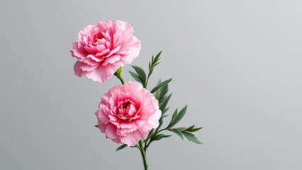 Two delicate pink flowers on a muted gray background with green leaves
